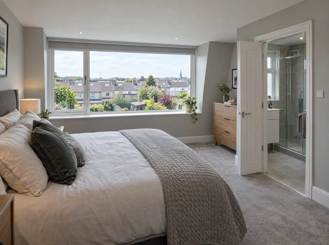 Dormer attic bedroom with a door open to its own ensuite shower