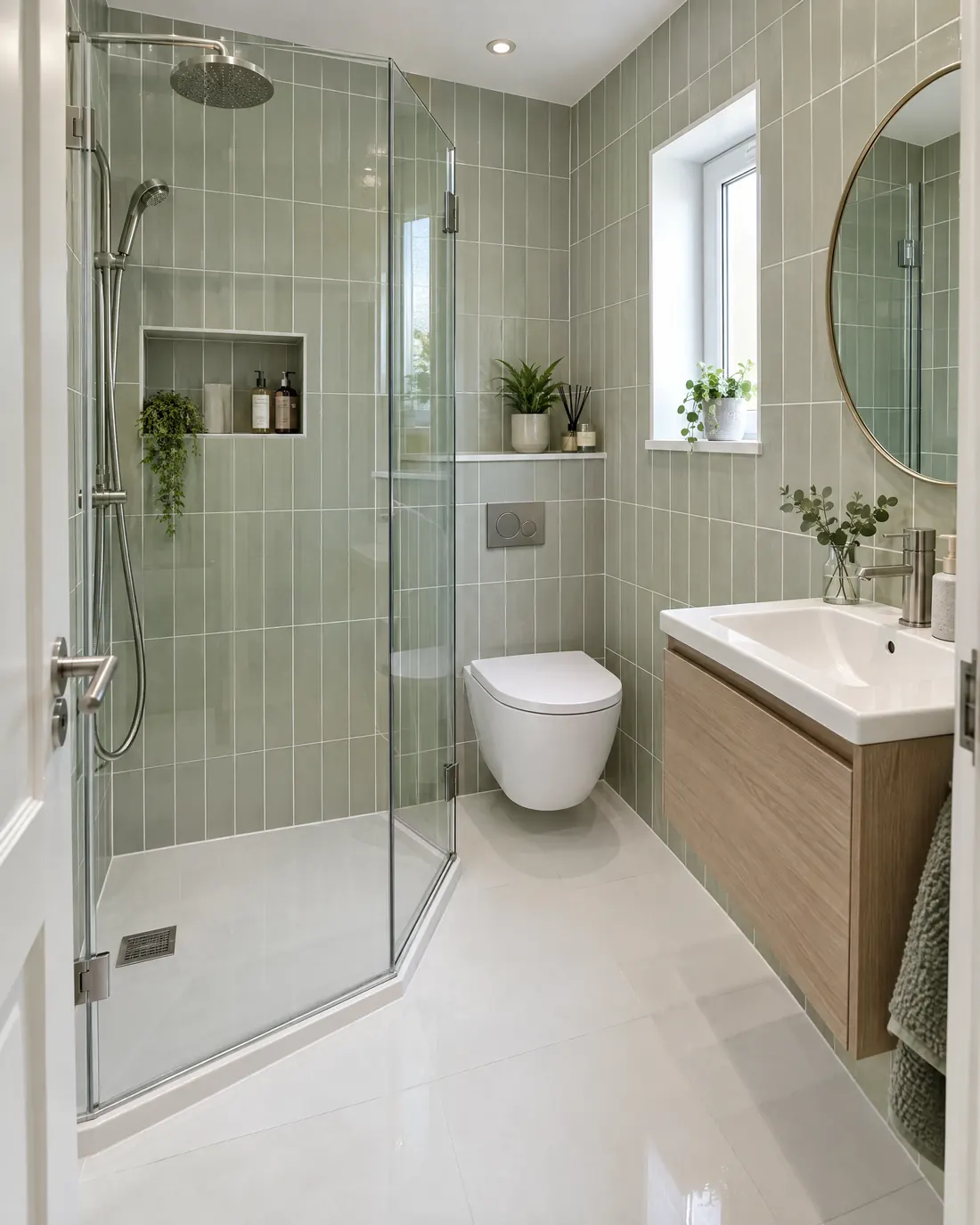 Small ensuite with sage green tiles, a corner shower and a wall-hung toilet