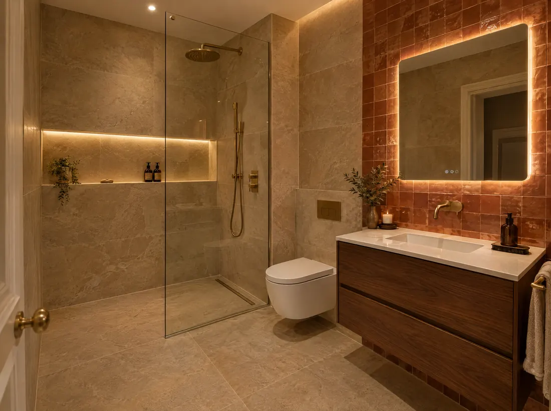 New ensuite with a walk-in shower, wall-hung toilet and timber vanity