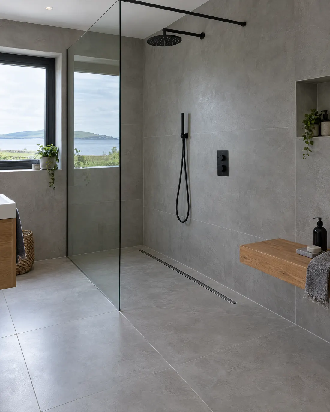 Wet room ensuite with a linear drain, frameless glass screen and large-format tiles