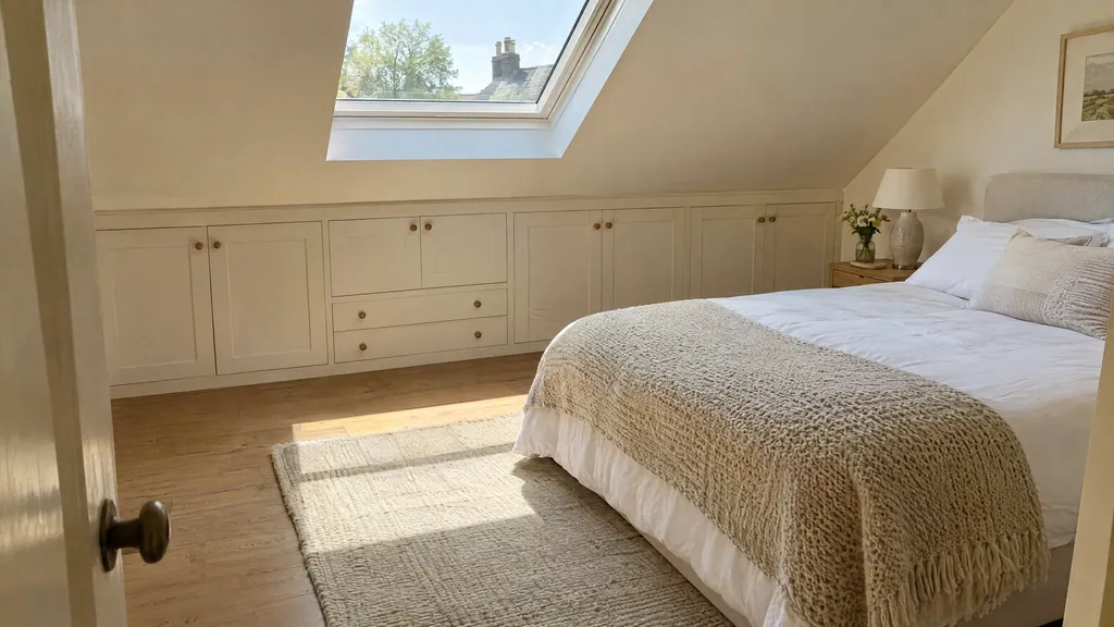 Attic bedroom storage ideas with built-in white eaves cupboards and drawers under a sloping ceiling in an Irish home.