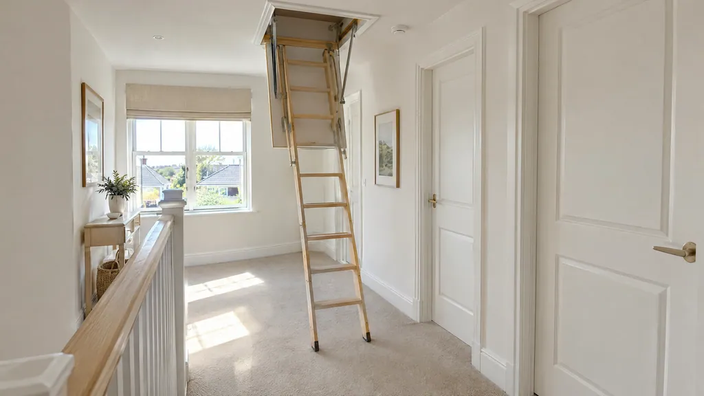 Folding timber attic storage ladder pulled down from an insulated hatch on the landing of an Irish semi-detached house.