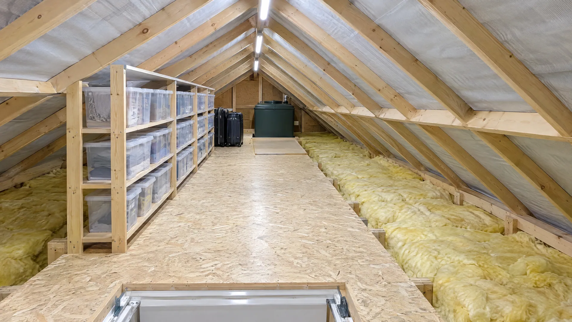 Attic storage ideas in an Irish home: a raised boarded attic with a loft ladder, LED light and labelled clear storage boxes.