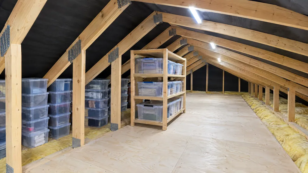 Attic storage ideas with trusses: low pine shelving and labelled clear boxes along a boarded walkway in an Irish attic.