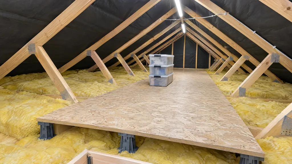 Attic storage area with OSB boards raised on loft legs above thick yellow insulation in an Irish semi-detached house.