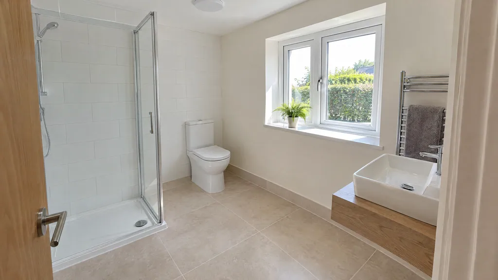 Anti-slip porcelain floor tiles and wet-zone wall tiles in a bright Wicklow bungalow bathroom, showing bathroom tiling cost for floor and walls.
