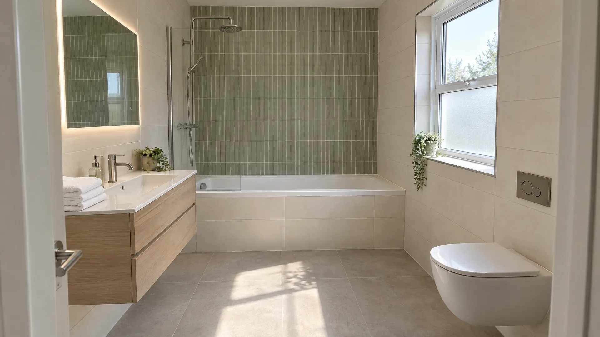 Freshly tiled family bathroom in an Irish semi-detached house with full-height porcelain wall tiles, illustrating bathroom tiling cost in Ireland.