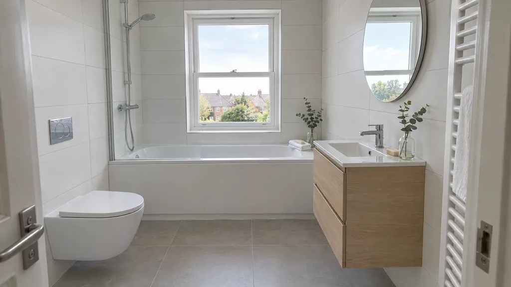 Freshly tiled family bathroom in a Dublin semi with large-format porcelain walls, showing what bathroom tiling cost buys in 2026.