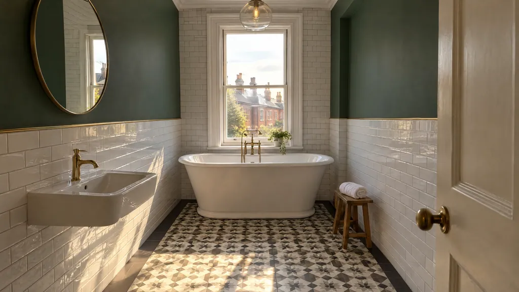 Freshly tiled bathroom with white metro wall tiles and a patterned floor in a Dublin Victorian terrace, a higher bathroom tiling cost spec.