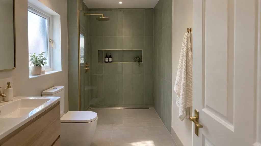 Tiled walk-in shower with a recessed niche and linear drain in an Irish bathroom, where tanking and prep add to bathroom tiling cost.