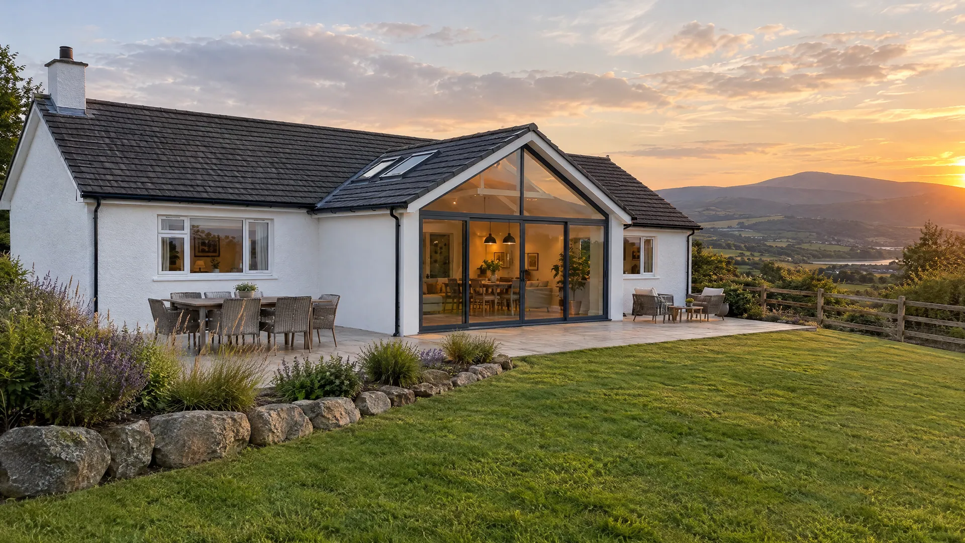 Bungalow extension idea on a 1970s bungalow in Co Wicklow, a single-storey rear extension with a pitched roof and large glazed gable facing the garden.