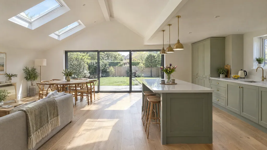 Bungalow extension idea with a vaulted ceiling over a new kitchen-living room in a 1970s Dublin bungalow, with rooflights and sliding doors to the garden.