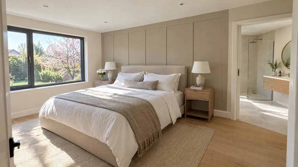 Bungalow extension idea with a new master bedroom and walk-in shower ensuite in a rear wing of a 1970s Irish bungalow.