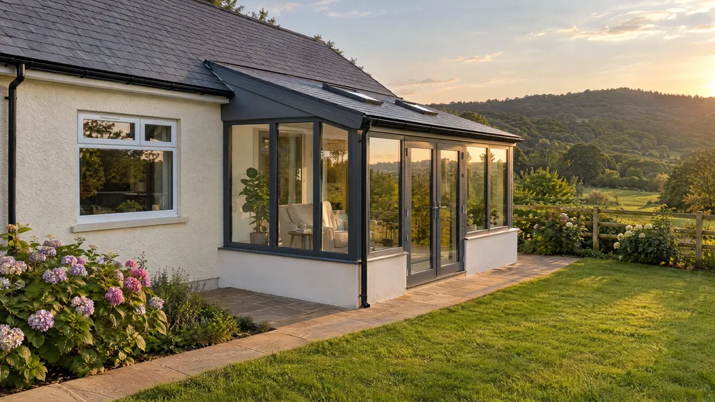 Glazed sunroom bungalow extension idea off the living room of a 1970s bungalow in Co Wicklow, with a solid roof and rooflights.