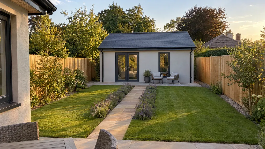 Granny flat bungalow extension idea, a detached single-storey garden unit behind a 1970s bungalow in south Dublin.