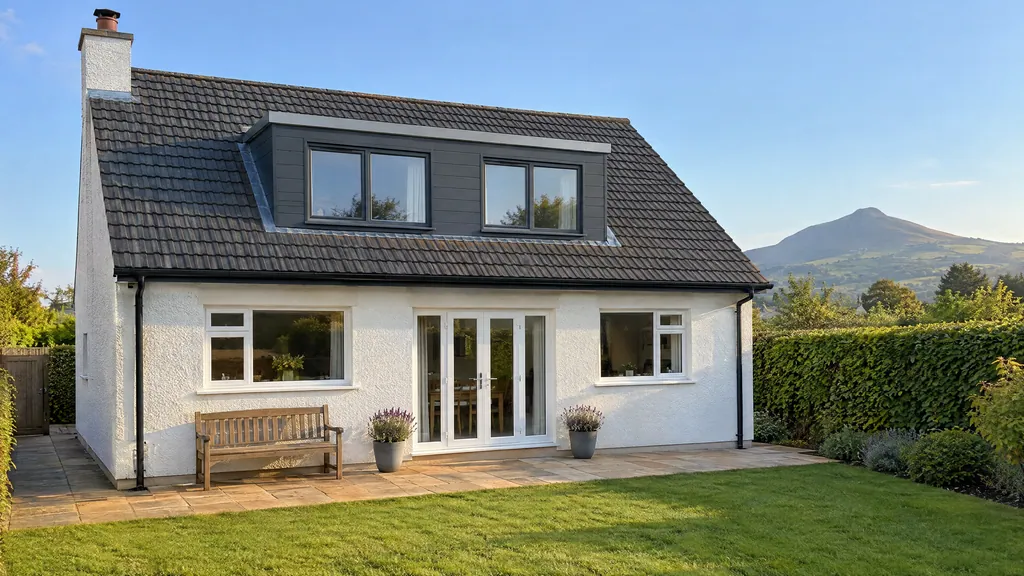Rear dormer bungalow extension idea on a 1980s dormer bungalow in Co Wicklow, set below the ridge with slate tiles below it.