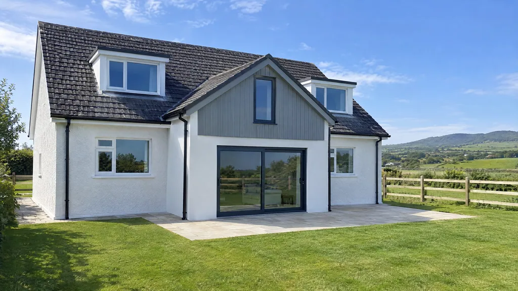 Two-storey bungalow extension idea at the rear of a 1980s dormer bungalow in Co Wicklow, with a pitched roof tied into the original.