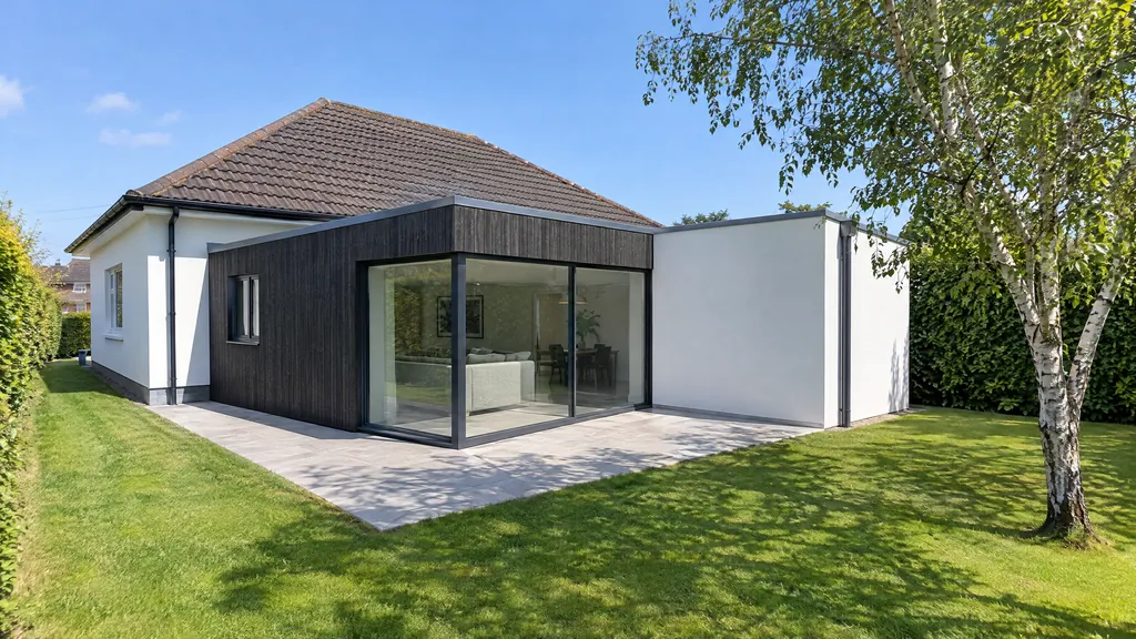 Wrap-around bungalow extension idea on a 1960s corner-site bungalow in Dublin, with a flat roof wrapping the rear and side.