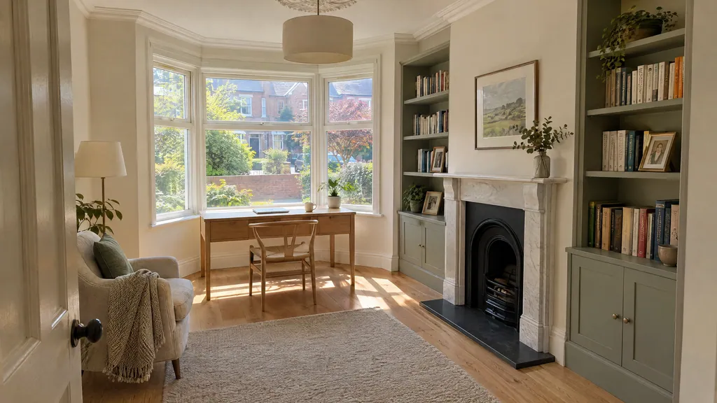 A former front living room turned into a bright home office after a rear extension, one way families gain space when they choose to extend or move.