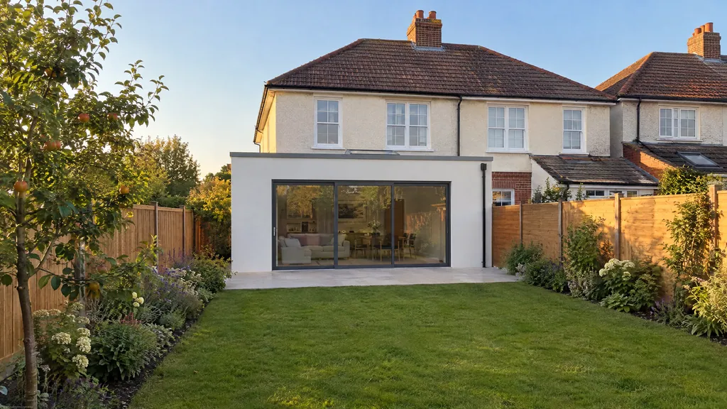 A finished single-storey rear extension on a 1930s semi in Terenure, with a large lawn kept, showing why many families extend or move only after checking garden space.