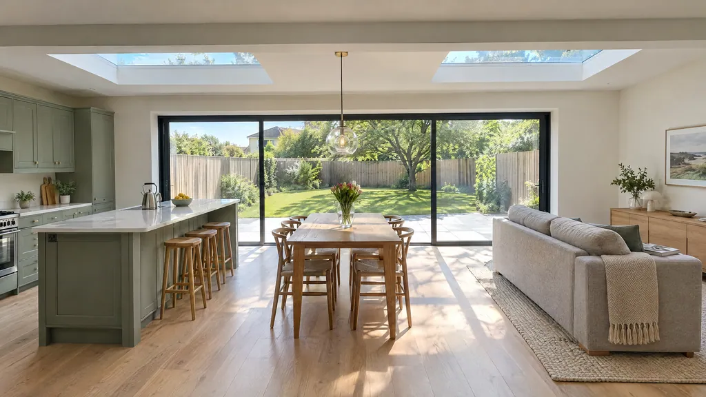 Bright 40m² single-storey rear extension in an Irish semi-detached house, used as an open-plan kitchen, dining and living room.