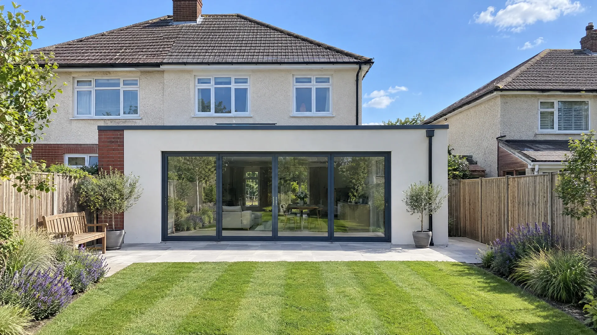 40m² single-storey rear extension with a flat roof and wide sliding doors on a 1930s semi-detached house in Dublin.