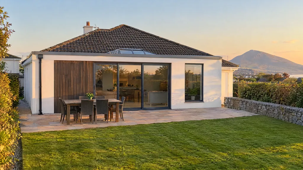 Wide 45m² single-storey rear extension on a 1970s bungalow in Greystones, Co Wicklow, at golden hour.