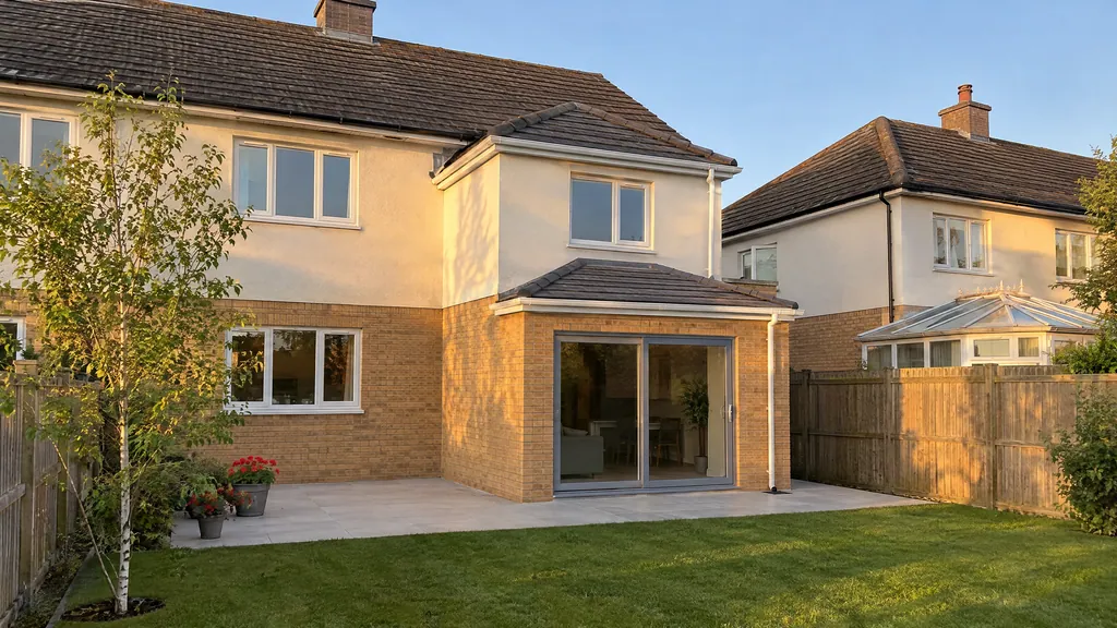 Two-storey rear extension on a 1990s buff-brick semi-detached house in Lucan, with a pitched roof matching the original.