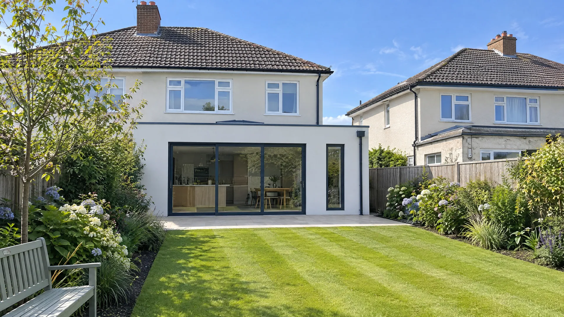 Flat roof extension on a 1950s semi in Glenageary, Dublin, with a slim parapet, roof lantern and wide sliding doors to the garden.