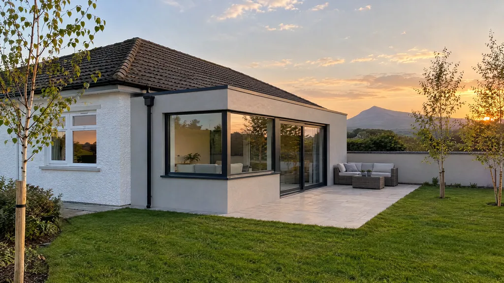 Flat roof extension on a 1970s bungalow in Greystones, with the parapet kept below the bungalow eaves.
