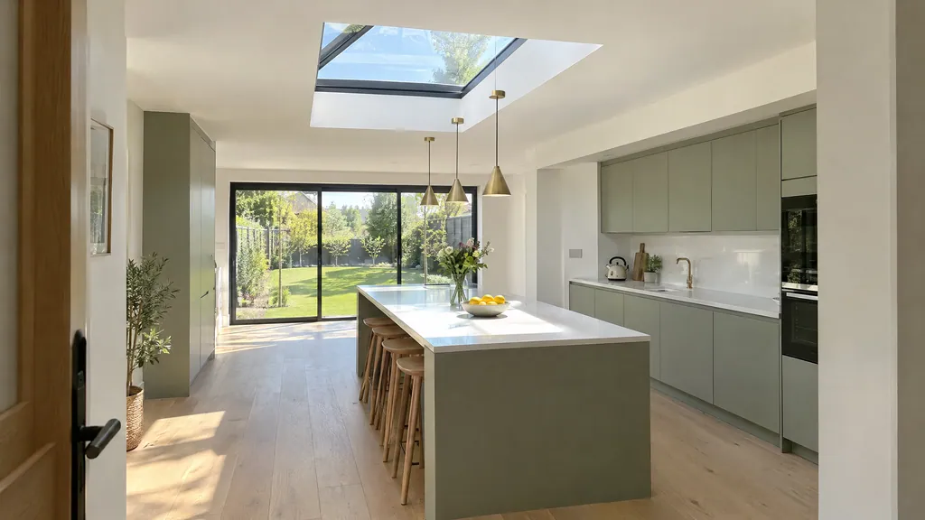 Inside a flat roof extension with a roof lantern over the kitchen island in a detached house in Co Wicklow.
