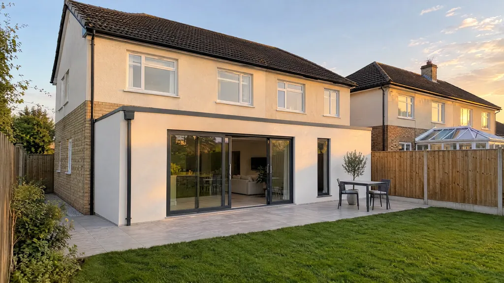 Modern flat roof extension with a slim parapet on a 1990s brick semi in Lucan, with sliding doors open to the patio.