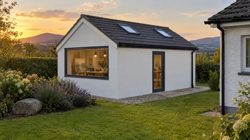 Garage conversion idea in Enniskerry: a detached garage turned into a bright art studio, with a new window and glazed door at golden hour.