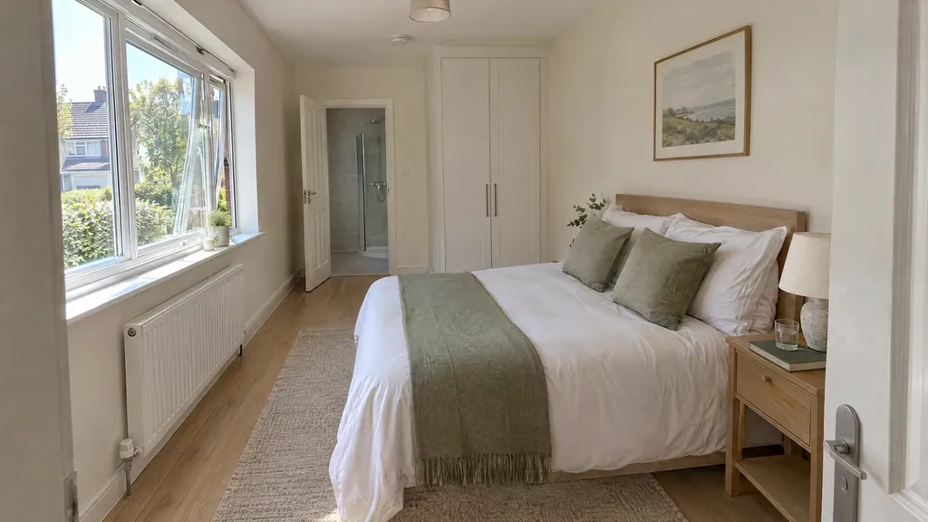 Garage conversion idea in a Lucan semi: a bright ground-floor bedroom with an ensuite shower room behind a white door.