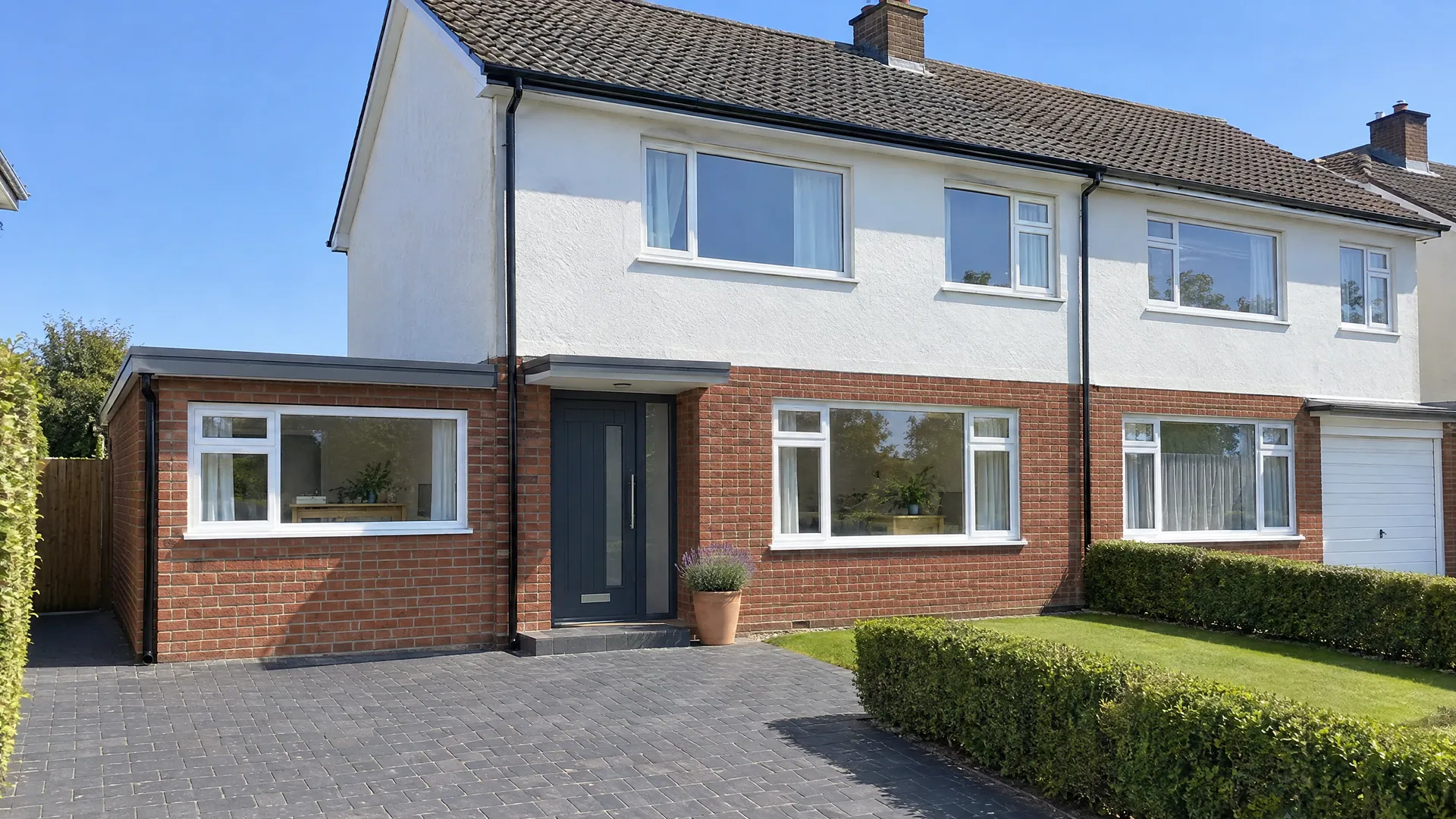 Garage conversion ideas: a converted garage on a Templeogue semi, with the old door filled in with matching brick and a wide new window.