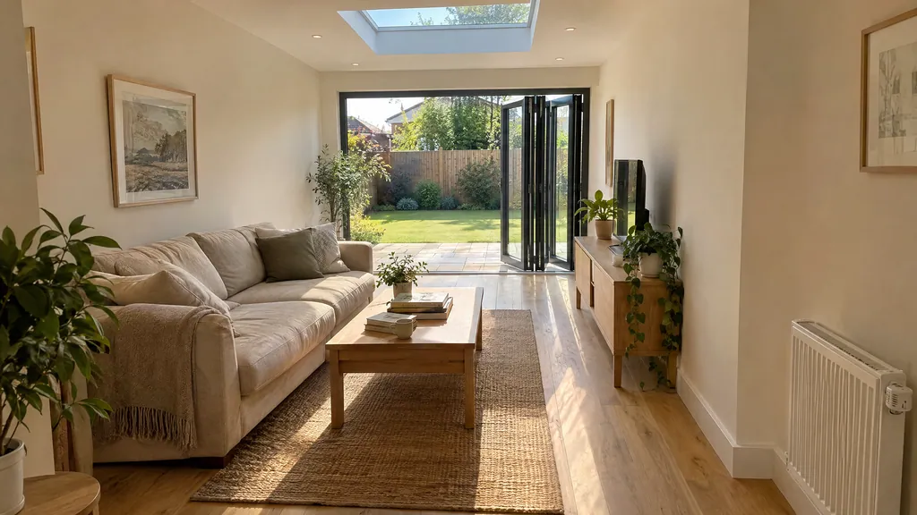 Garage conversion idea in a Stillorgan semi: a family living room with grey bi-fold doors open to the back garden.