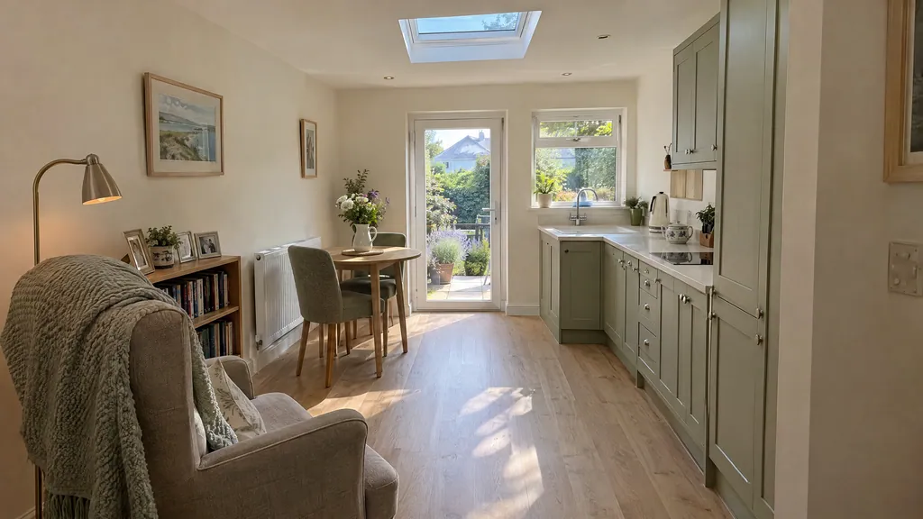 Garage conversion idea for a granny flat in a Greystones bungalow, with a compact kitchenette, small dining table and garden door.