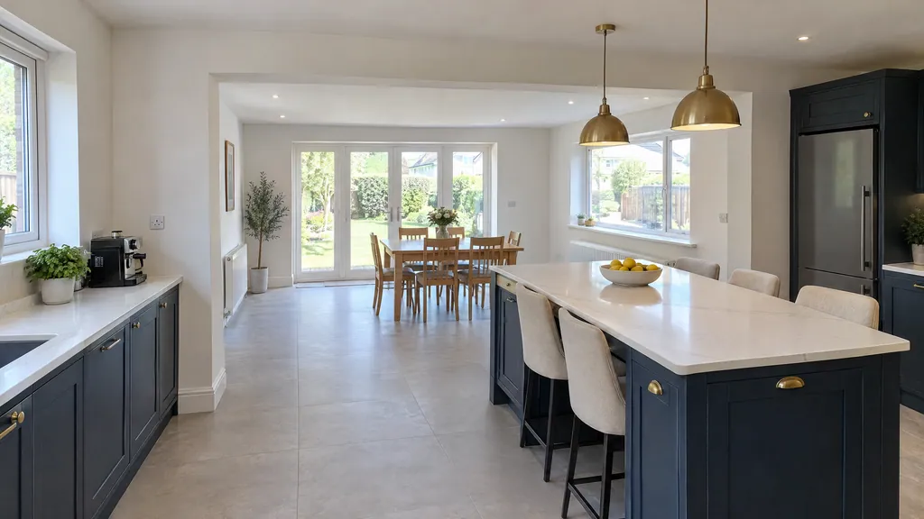 Garage conversion idea in a Dublin home: an open-plan kitchen extended through the old garage, with a boxed-in steel beam overhead.