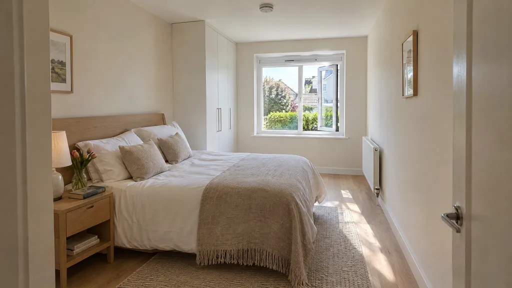 A bright ground-floor bedroom in a Dublin garage conversion, built to Building Regulations with an opening escape window where the garage door used to be.