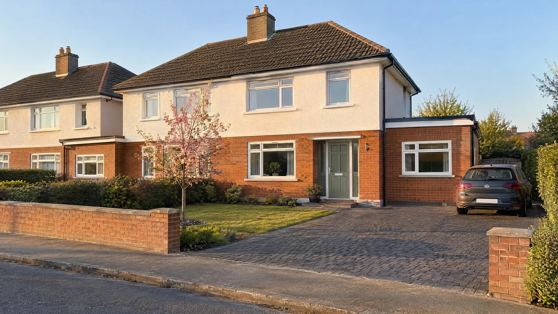 A Dublin semi-detached house with a finished garage conversion that needed no planning permission, its old garage door replaced by matching brick and a new window.