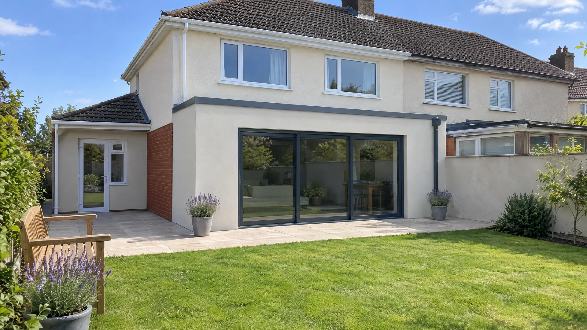 Garage conversion vs extension: the rear of a 1980s Dublin semi with a converted side garage and a single-storey rear extension opening onto the garden.