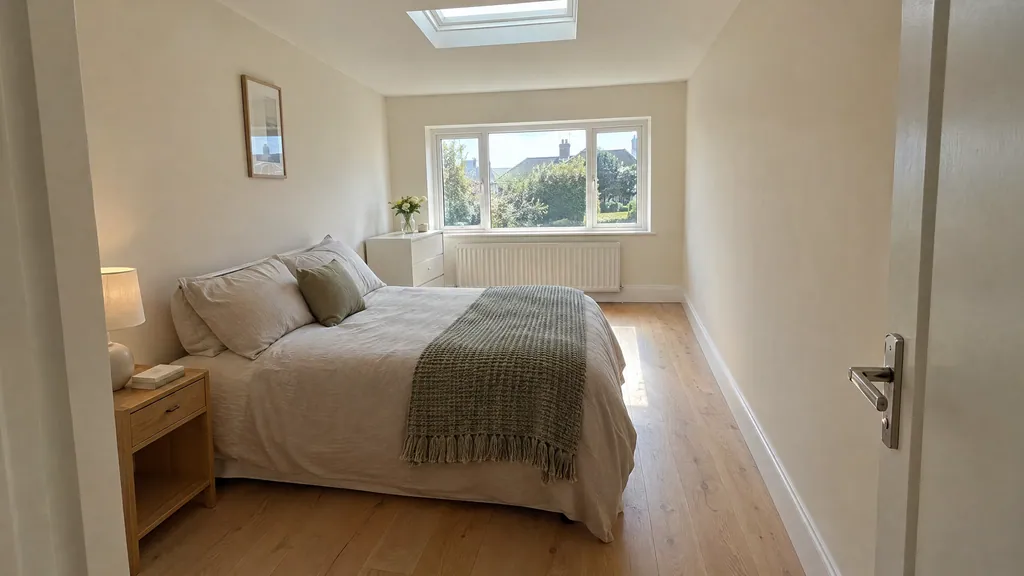 A bright garage conversion turned into a guest bedroom in a Dublin semi, with a rooflight and a wide window in the old door opening.