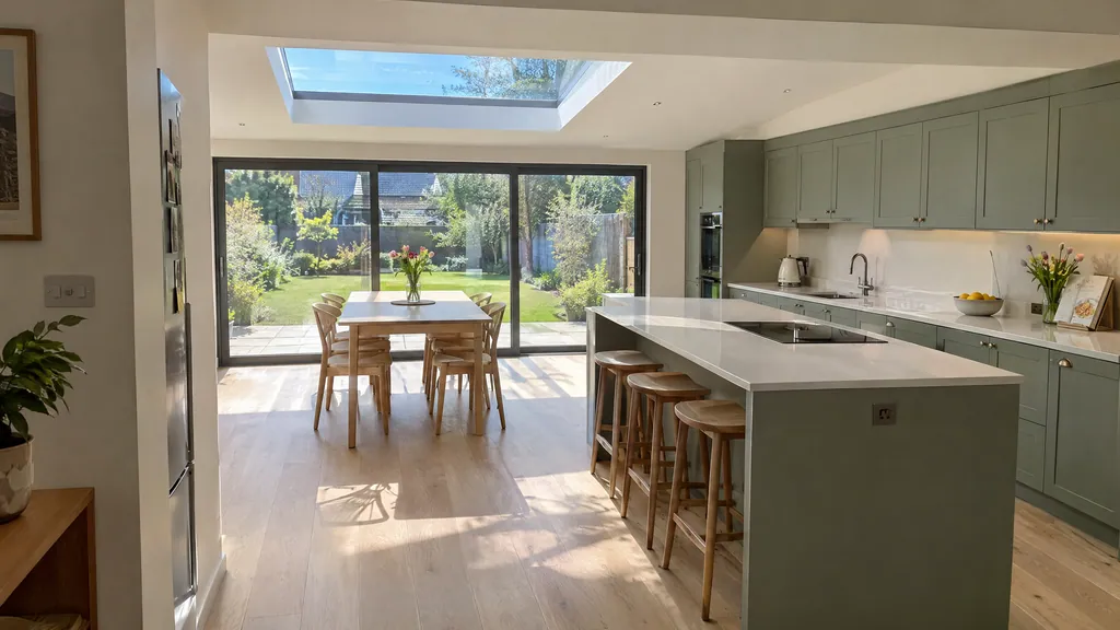 Inside a single-storey rear kitchen extension in a Dublin semi, the kind of open-plan room a garage conversion vs extension choice often comes down to.