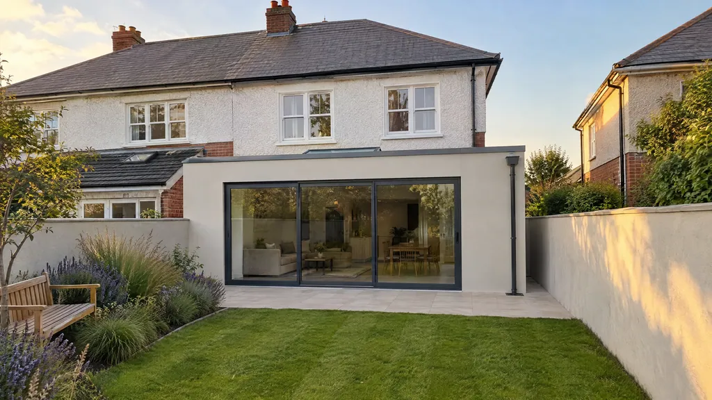 Garage conversion vs extension: a single-storey flat-roof rear extension with wide glazing on a 1930s semi in Terenure at golden hour.