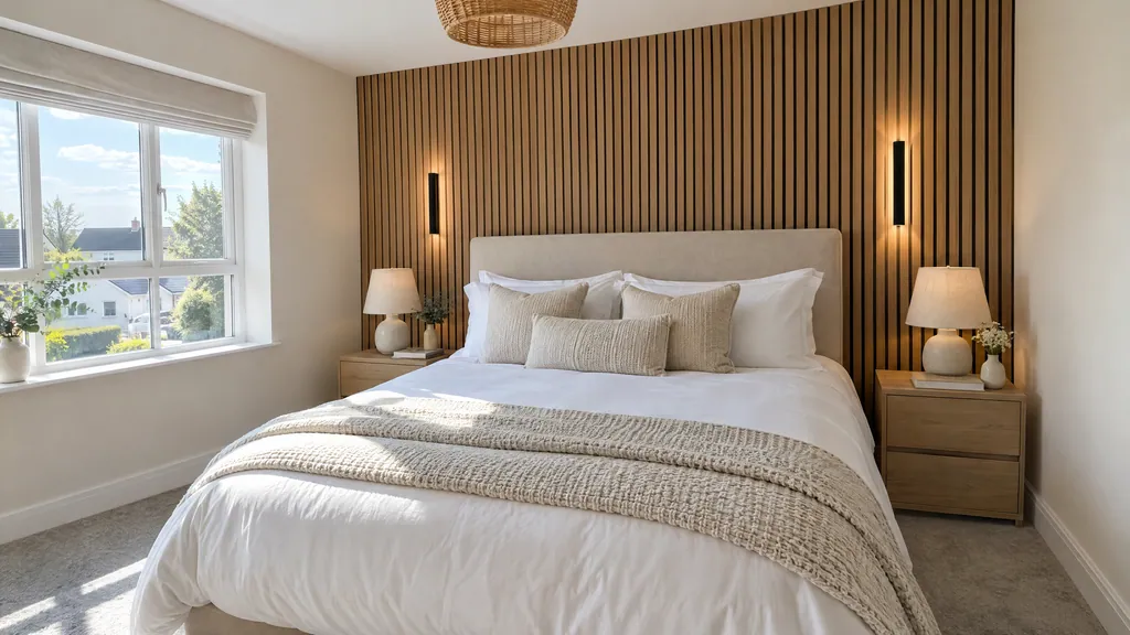 Oak acoustic slat wall panelling on a bedroom feature wall behind the bed in an Irish semi-detached house.