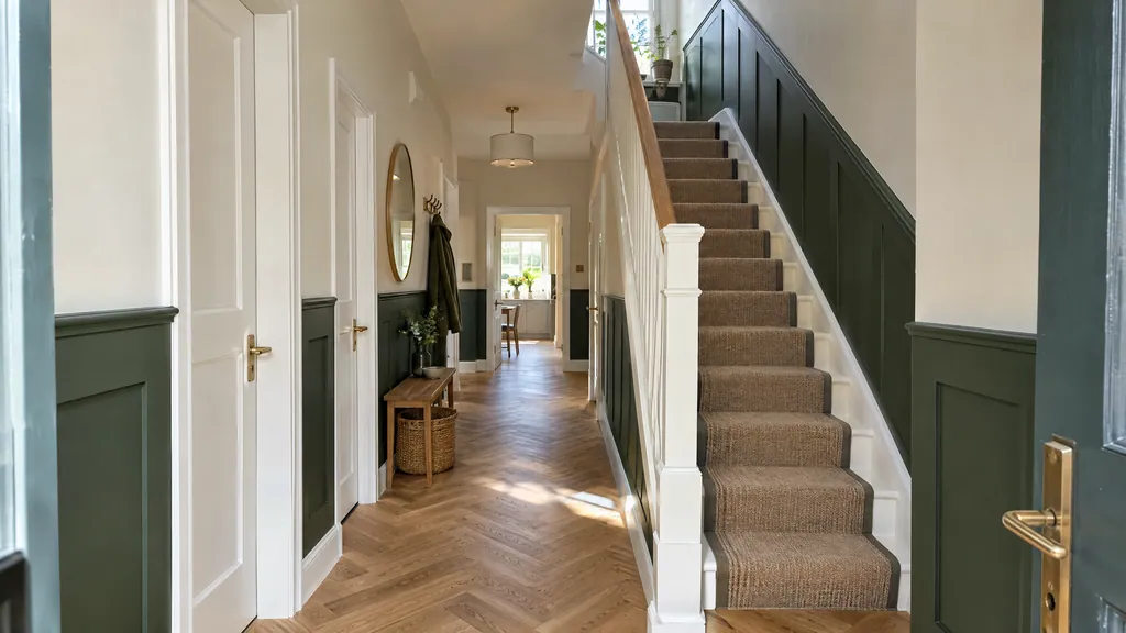 Half-height shaker wall panelling painted dark green in the hallway of a Dublin semi-detached house.