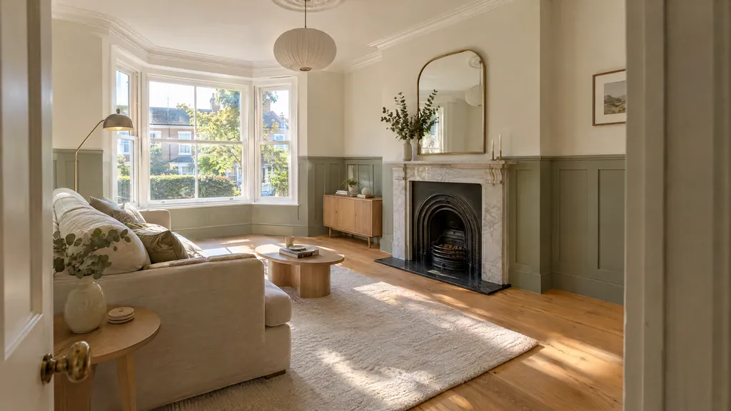 Painted MDF shaker wall panelling on the lower half of a living room wall in a 1930s Dublin semi.