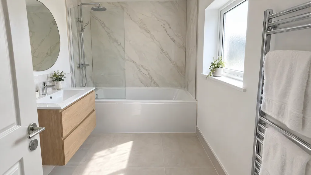 Large waterproof bathroom wall panels with a marble effect fitted around a bath in an Irish 1970s semi.