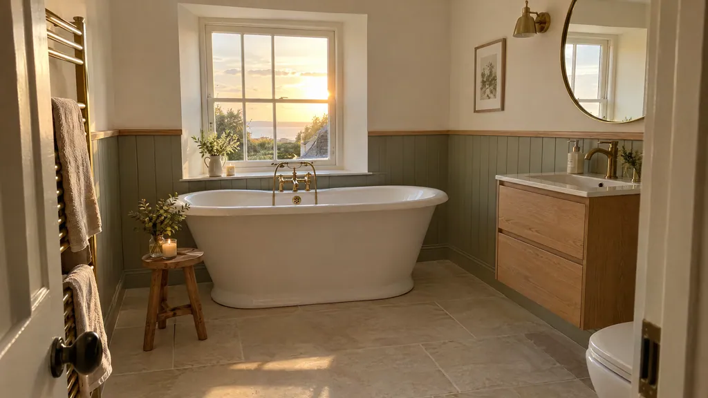 Tongue and groove wall panelling painted soft green in a bright cottage bathroom in Co Wicklow.