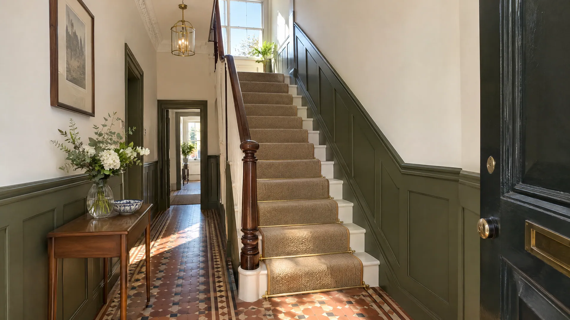 Half-height painted wall panelling running along the hallway and stairs of an Irish Victorian terraced house.